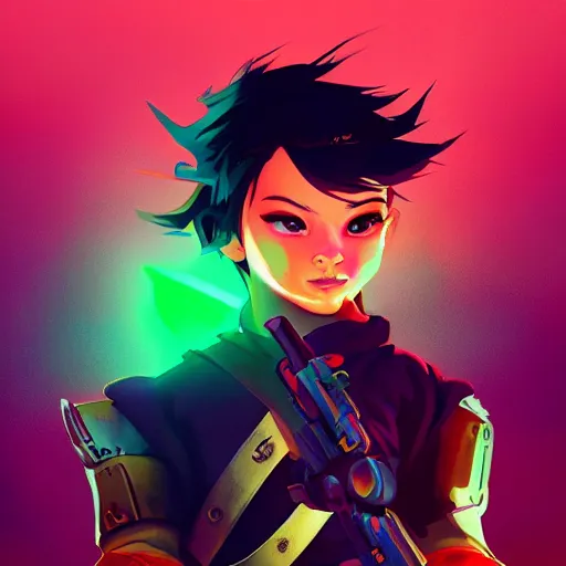 Image similar to a stylized portrait of a young boy as a warrior with a sword and revolver, overwatch style, stylized, arcane magic, orange and green power, vaporwave, volumetric light from above, background by liam wong, art by raymond swanland + marc simonetti + greg rutkowski + harumi hironaka