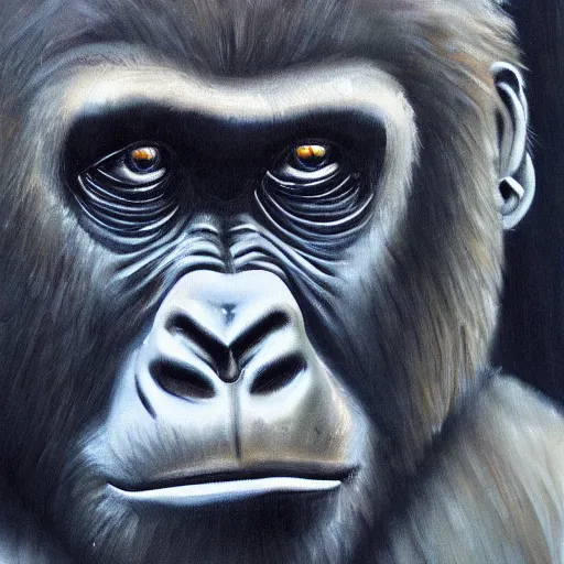 Image similar to gorilla with joe rogans face, oil painting, brush strokes, highly ornate intricate detail, gloomy mood,