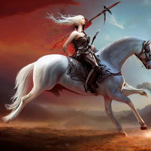Image similar to epic girl warrior on a white horse and a sword at her back, fantasy, artwork, detailed, 8 k
