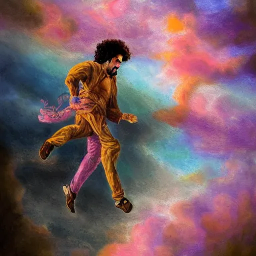 Prompt: arab man with curly hair skydiving, pastel colors, digital painting, impressionist, figurative, intricate details, dreamy, fairylike