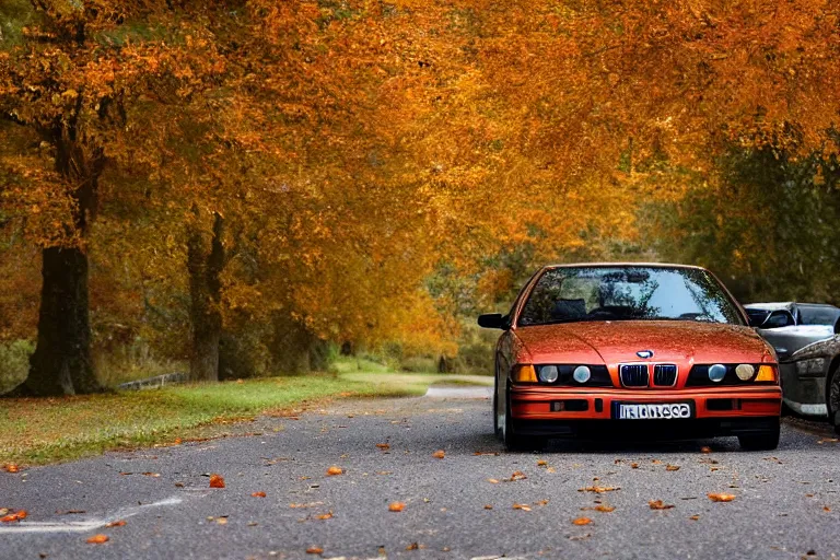 Image similar to A BMW e36 parked in a road with trees, autumn season, Epic photography, taken with a Canon DSLR camera, 150 mm, depth of field