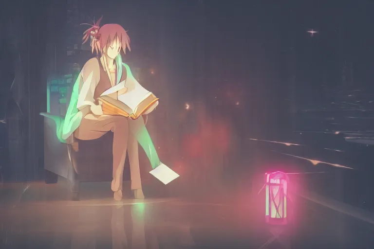 Prompt: an anime wizard reading a book, misty, glows, digital art, hazy, foggy, ambient lighting, 8 k, neon, synthwave,