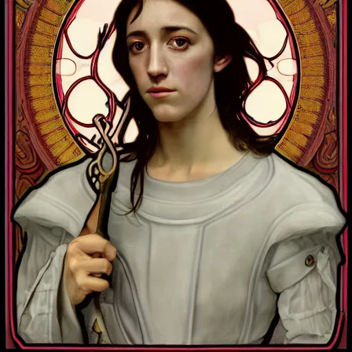 Image similar to portrait of charlotte gainsbourg as joan of arc, hyperreal digital painting, iconography influenced by alphonse mucha and eugene delacroix, arstation and deviantart trends, high resolution 8 k