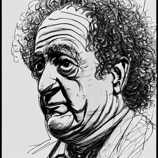 Prompt: a realistic yet scraggly portrait sketch of the side profile of a stern and sophisticated larry fine, trending on artstation, intricate details, in the style of frank auerbach, in the style of sergio aragones, in the style of martin ansin, in the style of david aja, in the style of mattias adolfsson