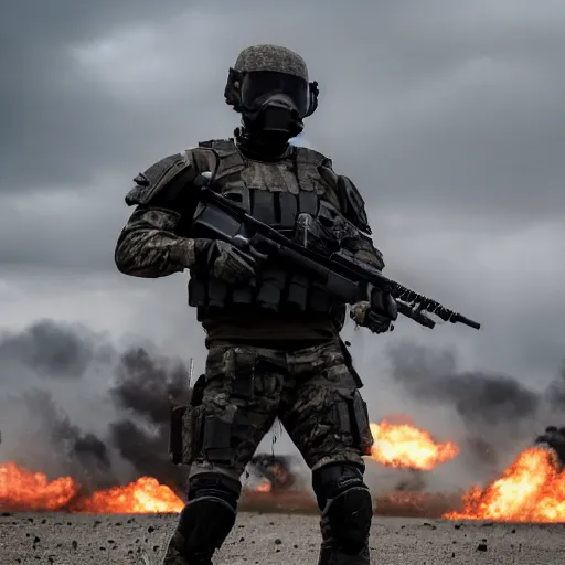 Image similar to Special Forces in grey uniform with black body armor under artillery fire in 2022, photo by Adam Ferguson, Pulitzer Winning, cinematic composition, breathtaking, modern, 2022