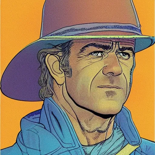 Image similar to mel gibson retro minimalist portrait moebius starwatcher comic by jean giraud, 8 k