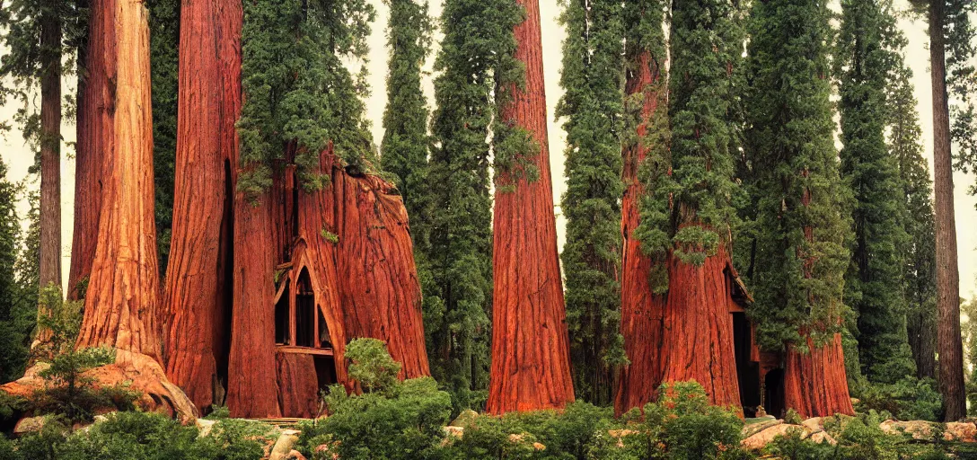 Image similar to house built into and inside a single giant sequoia. color photograph by jerry uelsmann. fujinon premista 1 9 - 4 5 mm t 2. 9. portra 8 0 0.