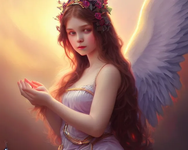 Image similar to sweet innocent kind loving angel girl, photography of kurzgesagt, deep focus, d & d, fantasy, intricate, elegant, highly detailed, digital painting, artstation, concept art, matte, sharp focus, illustration, hearthstone, art by artgerm and greg rutkowski and alphonse mucha