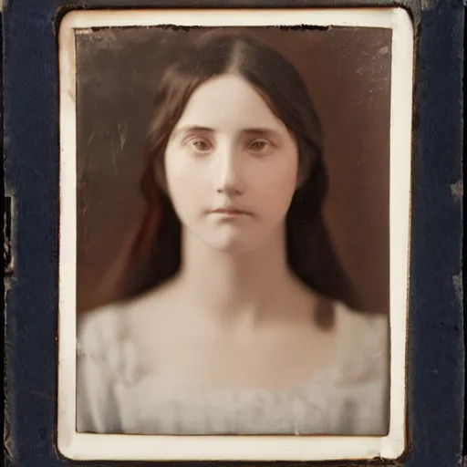 Image similar to portrait of a beautiful young lady with silver eyes, colored daguerreotype, by Mackintosh, rule of thirds, fair complexity, 4k quality