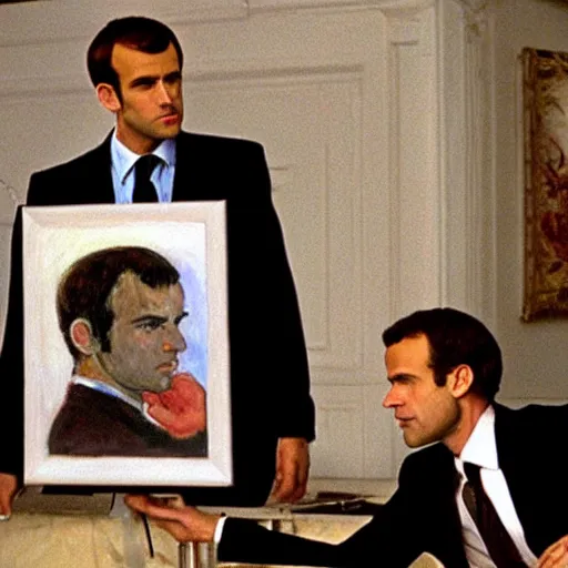 Prompt: Claude Monet painting Emmanuel Macron in American Psycho (1999)