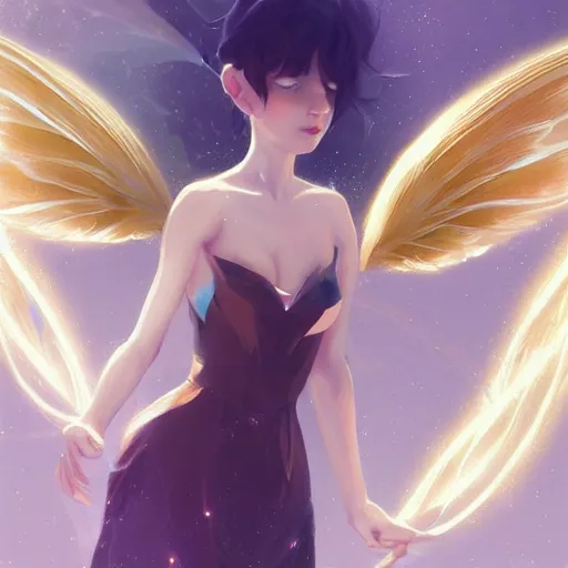 Image similar to pixie fairy character with golden glowing wings, elegant, highly detailed, digital painting, artstation, concept art, sharp focus, illustration, strong brush stroke, anime, sharp focus, ghibli studio, art by ilya kuvshinov, rossdraws