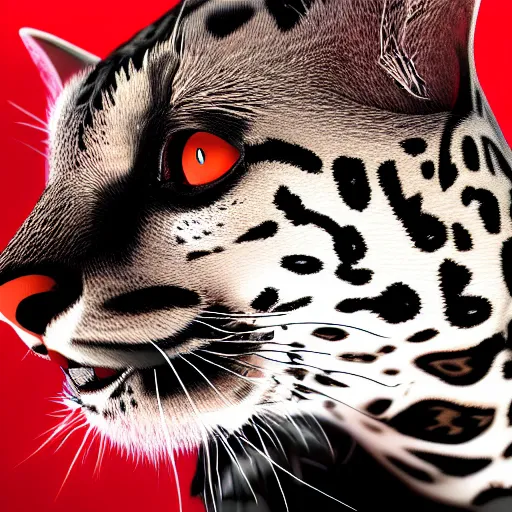 Image similar to profile shot of a black and red ocelot with black background, high contrast, octane render, abstract, 4k
