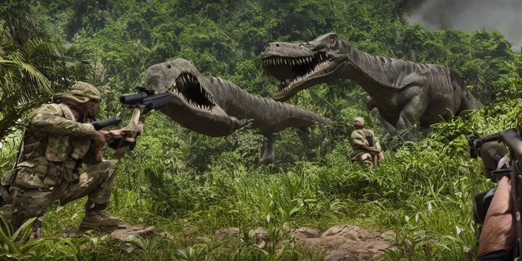 Image similar to soldiers aiming rifles at a dinosaur in the jungle, very highly detailed, 4k, cinematic, unreal engine 5