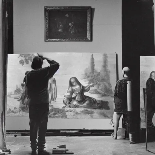 Image similar to old vintage photo from behind of leonardo da vinci painting his unfinished painting of monalisa