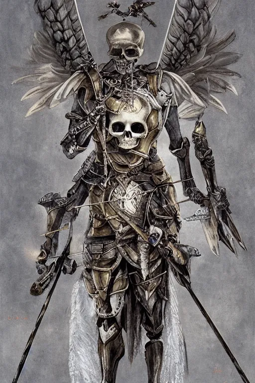 Prompt: portrait of a skeleton archer with big sword, wearing helmets and armor with wings, symmetrical, solemn, sacred, aura, a detailed matte painting by yoshitaka amano