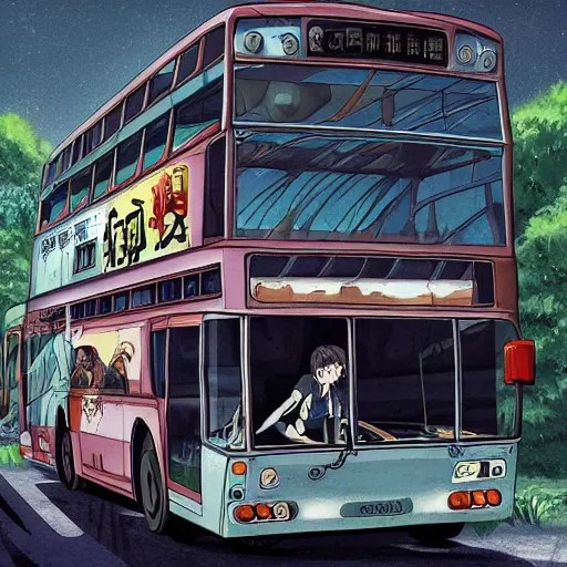 Image similar to A bus looking like a wolf. It is half animal, half machine. 4k Resolution illustration. anime key visual, by studio ghibli.
