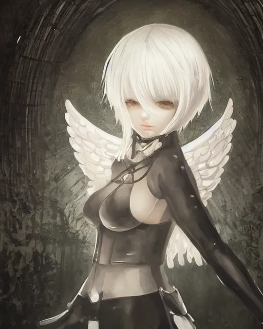 Prompt: hybrid nierautomata painting, ambient lighting peaceful dream, angel relief, cute - fine - face, infinitely detailed architectures