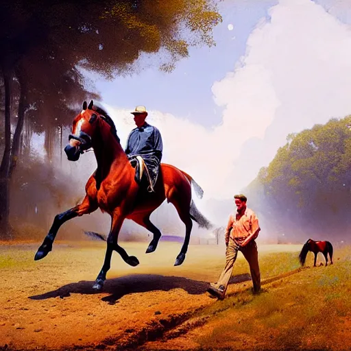 Image similar to а man carries a horse over him, hyperrealism, no blur, 4 k resolution, ultra detailed, style of ron cobb, adolf hiremy - hirschl, syd mead, ismail inceoglu, rene margitte