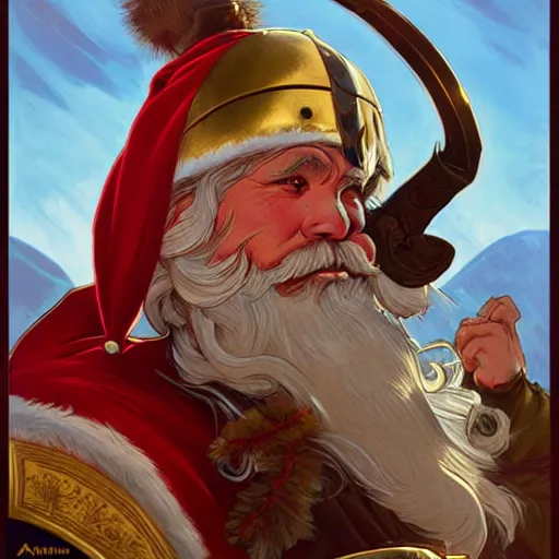 Image similar to santa claus wearing a viking helmet, art by artgerm, greg rutkowski and alphonse mucha