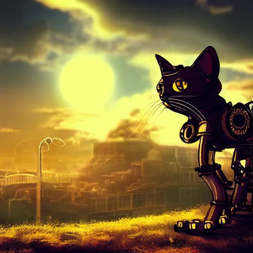 Image similar to a steampunk robotic cat, retro, steam, extremely detailed, particles, cinematic lighting, anime, clouds, sky, lush, beautiful,