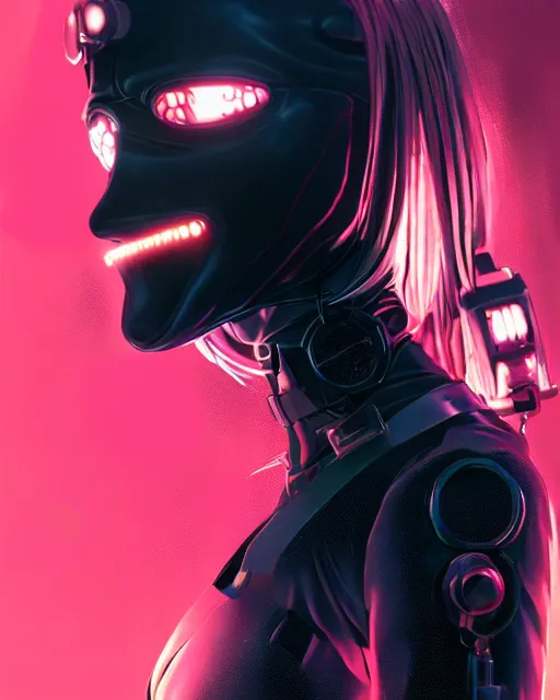 Image similar to girl wearing cyberpunk intricate catsuit, respirator, detailed portrait, cell shaded, 4 k, concept art, by wlop, ilya kuvshinov, artgerm, krenz cushart, greg rutkowski, pixiv. cinematic dramatic atmosphere, sharp focus, volumetric lighting, cinematic lighting, studio quality