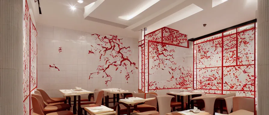 Prompt: a beautiful simple interior render of roasted string hotpot restaurant restaurant yan'an, wall corner, from china, red paper wall and white tile floor, with merchant logo, fine simple delicate structure, chinese style, simple composition, simple style structure decoration design, victo ngai, 4 k hd