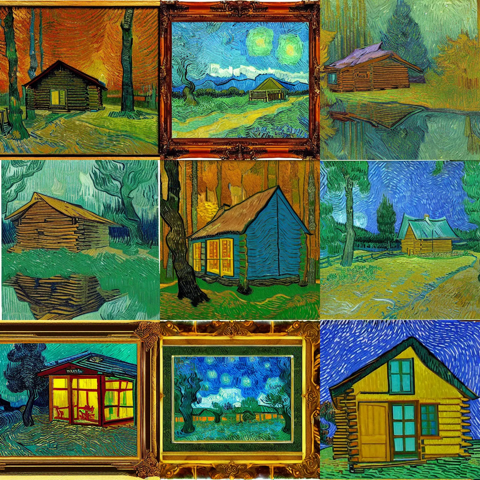 Prompt: [ a log cabin in the forest ] [ van gogh ] [ reflection ]