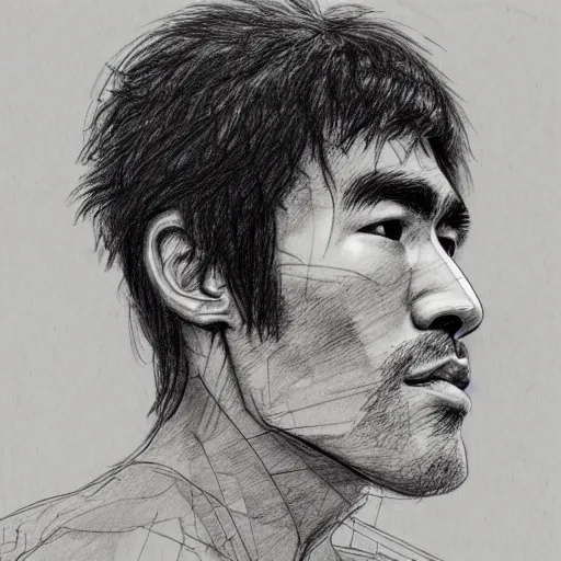 Prompt: a realistic yet scraggly portrait sketch of the side profile of a stern and sophisticated bruce lee, trending on artstation, intricate details, in the style of frank auerbach, in the style of sergio aragones, in the style of martin ansin, in the style of david aja, in the style of mattias adolfsson