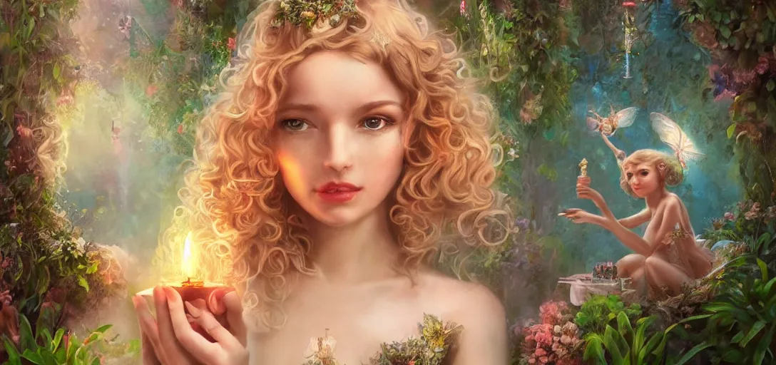 Prompt: beautiful fairy, perfect face and body, with curls, at her birthday party in a magic garden, monkeys, diamonds and scissors, details, smooth, sharp focus, illustration, realistic, cinematic, artstation, gold, ornate, award winning, original modern artwork, rgb ethereal lighting, 8k