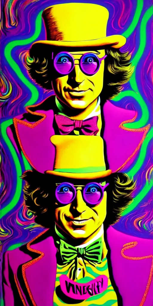 Prompt: An extremely psychedelic illustration of willy wonka in neon psychedelic tuxedo, surreal, LSD, face, detailed, intricate, elegant, lithe, highly detailed, digital painting, artstation, concept art, smooth, sharp focus, illustration, art by Jason Edmiston