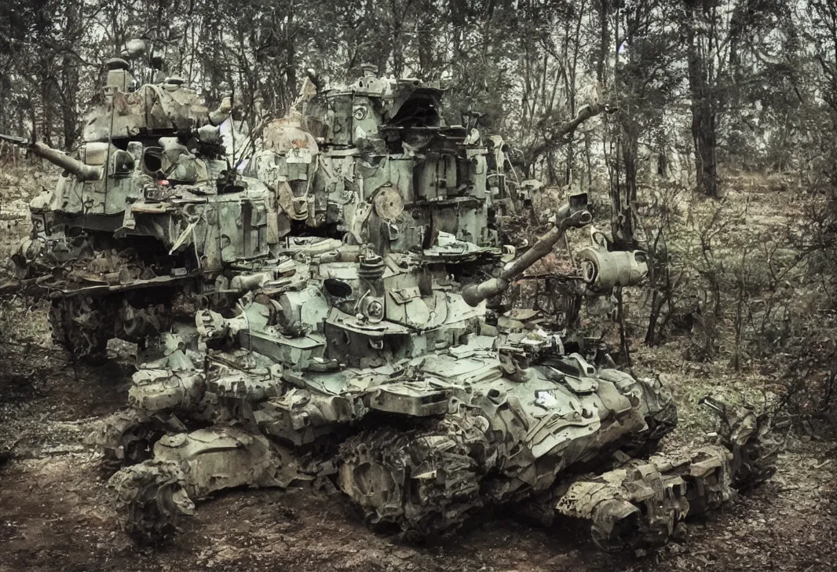 Prompt: totoro tank, post apocalyptic style. fox holes. color, shot on film, wide angle, storming