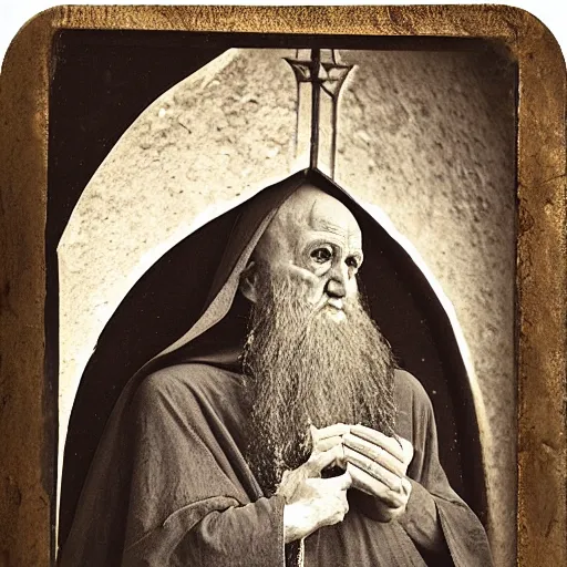Prompt: medieval abbot, medieval monastery, hallowed halls, tintype photograph, 1100 AD photography, medieval Italy