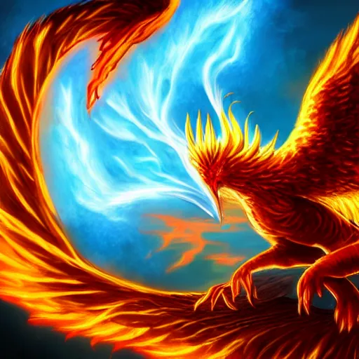 Prompt: fantasy phoenix with wing on fire, high detail, fantasy art, concept art, 4 k, ultra detail, computer art