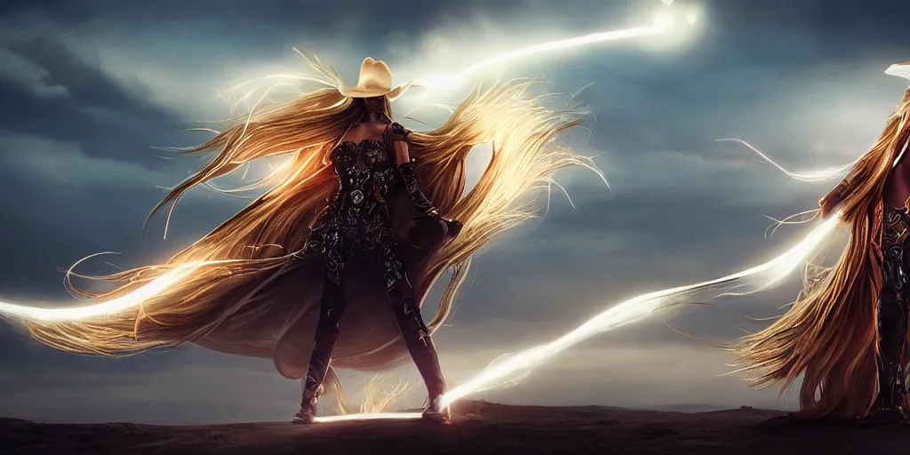 Prompt: Panorama screenshot beautiful female cyborg, beautiful glowing long flowing silver hair, super bright gold glowing eyes, wearing a cowboy hat, photographic highly detailed desert, hybrid from The Elden Ring and art direction by Darius Zawadzki ;by artgerm; wayne reynolds art station; cinematic quality character render; low angle; ultra high quality model; production quality cinema model