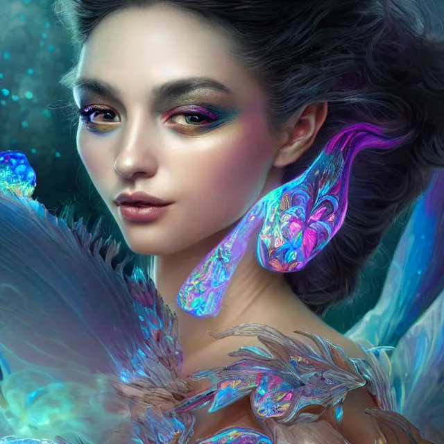 Prompt: detailed portrait of beautiful fantasy fairy made of iridescent smoke, dark fantasy, sharp focus, vibrant, vivid, magical shiny skin, symmetry, highly detailed, 4 k digital painting, detailed skin, iridescence reflecting, crystal particles, magical, raytracing, plasma, artistic, concept art by artgerm, greg rutkowski, alphonse mucha, unreal engine render,
