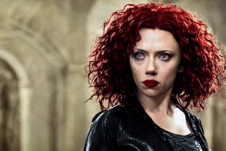 Image similar to film still Scarlet Johansson as Bellatrix Lestrange in Harry Potter movie