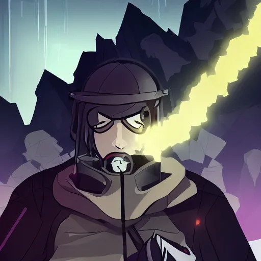 Image similar to poster soldier in trench coat looking up at crystal, hyperlight drifter, black color smoke, black rock shooter, wallpaper, chris newman