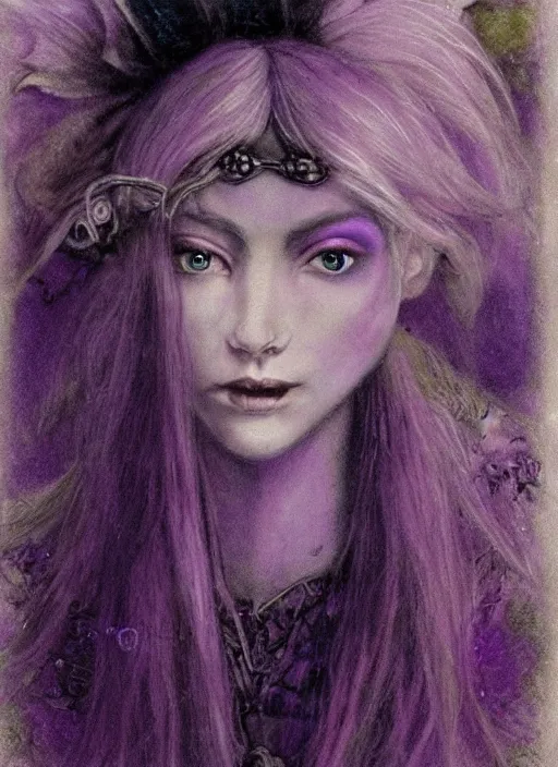 Image similar to portrait of young female sorceress of the endtimes, transluscent skin, lavender hair, beautiful! coherent! dungeons and dragons character, by brian froud, strong line, cool night color, high contrast