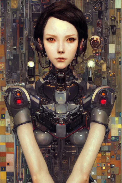 Image similar to portrait of beautiful young robot, cyberpunk, Warhammer, highly detailed, artstation, illustration, art by Gustav Klimt and Range Murata and Ilya Kuvshinov and Sakimichan