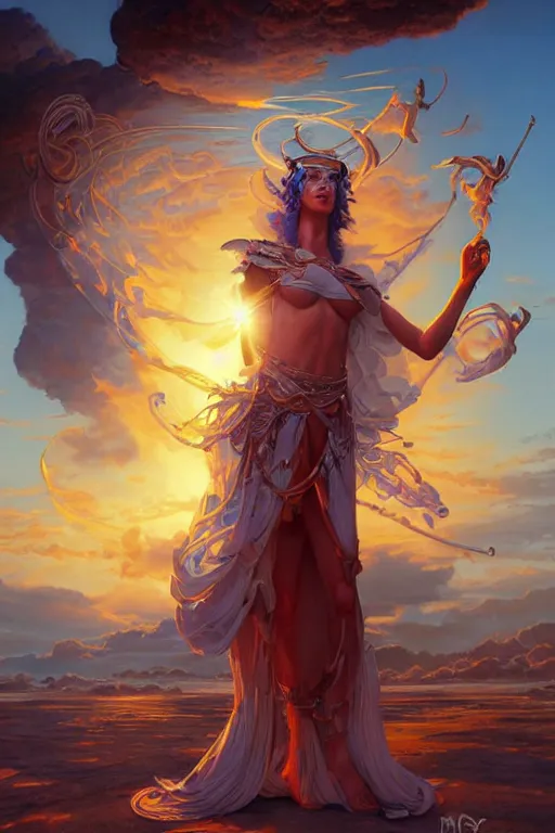 Prompt: the high Priestess of the sun god greets the rising sun, 8k resolution digital painting by Michael Whelan and Peter Mohrbacher, cinematic morning light