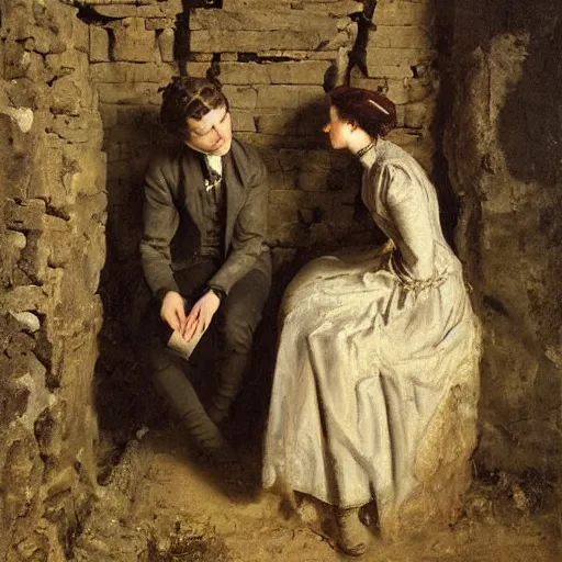 Image similar to young victorian man and woman solving a riddle carved into a stonewall in a dungeon, by alfred stevens