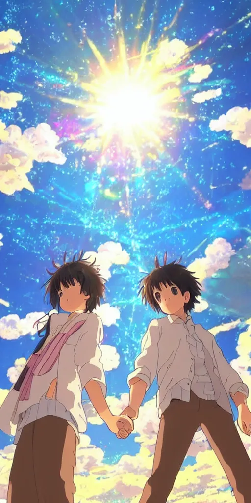 Image similar to a man and a woman holding hands under a beautiful sun drawn like the anime Your Name anime, intricate, psychedelic,