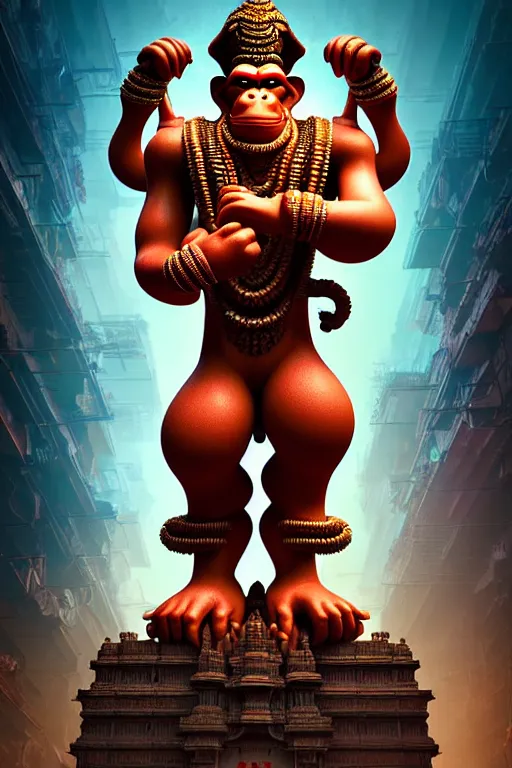 Prompt: high quality 3 d render post - rococo cyberpunk hanuman! head shri ram centre, madhubani, highly detailed, morning in sci - fi new delhi, cinematic smooth unreal engine, lee madgwick & liam wong, dramatic light, long shot, low angle, uhd 8 k, sharp focus