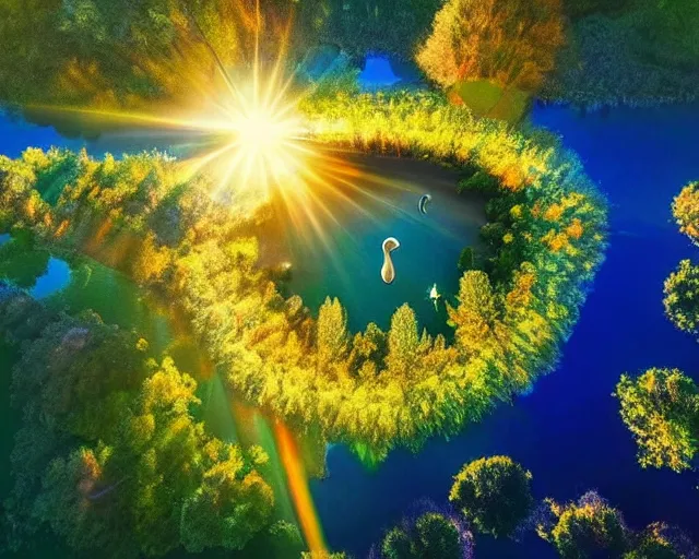 Image similar to the world seen from above. 16k utopian future serene beautiful landscape photography of the garden of eden. lake reflections in the foreground, fruit tree's and animals everywhere. sun rays shining through the trees. lens flare. sunset, dramatic lighting by Marc Adamus on mushrooms.