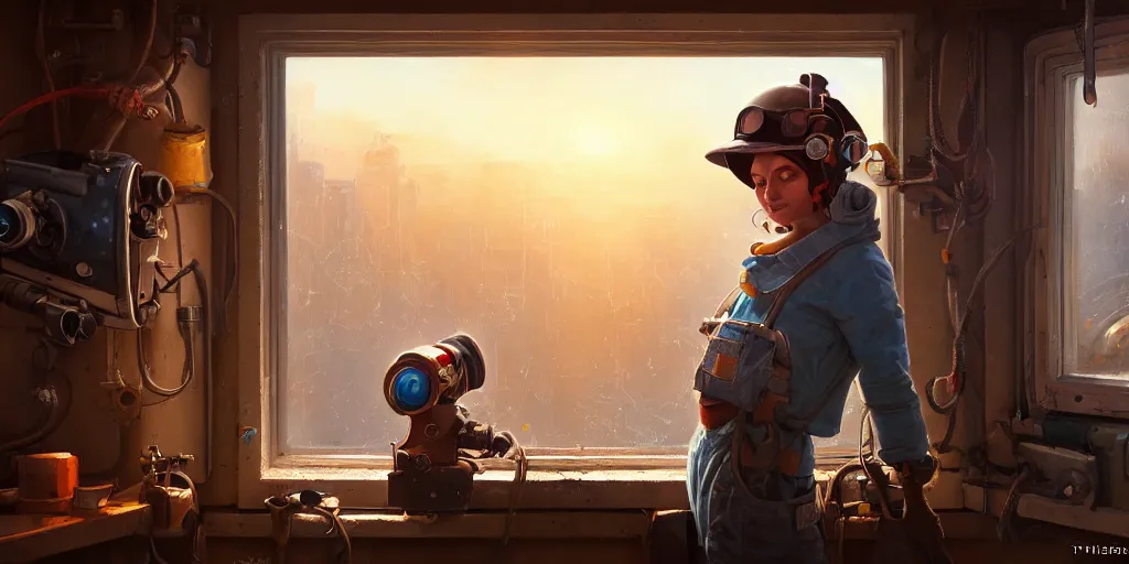 Image similar to highly detailed portrait painting of welder girl, room mono window, by eddie mendoza and tyler edlin, 8 k resolution