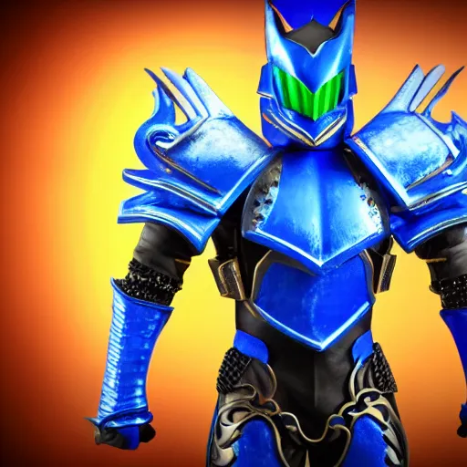 Image similar to High Fantasy Kamen Rider, blue armor with red secondary color, 4k, glowing eyes, daytime, rubber undersuit with chainmail texture, dragon inspired armor