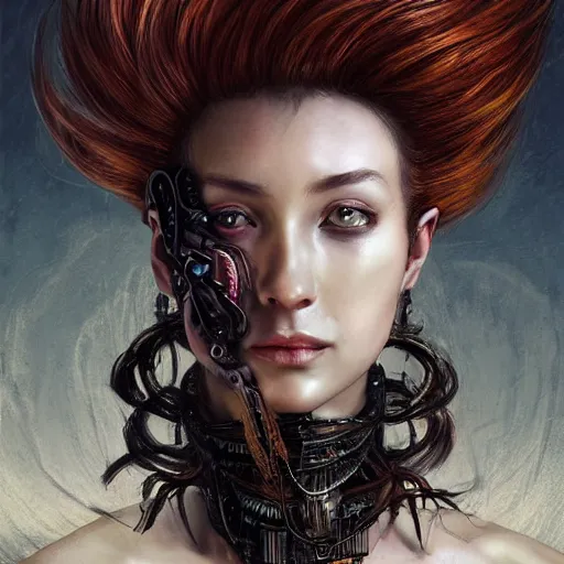 Image similar to portrait, headshot, insanely nice professional hair style, dramatic hair color, digital painting, of a old 17th century, old cyborg merchant, amber jewels, baroque, ornate clothing, scifi, realistic, hyperdetailed, chiaroscuro, concept art, art by Franz Hals and Jon Foster and Ayami Kojima and Amano and Karol Bak,