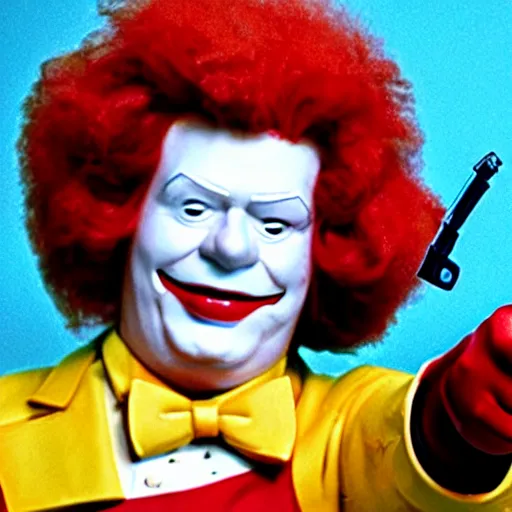 Image similar to Ronald Mcdonald pointing a gun at the camera