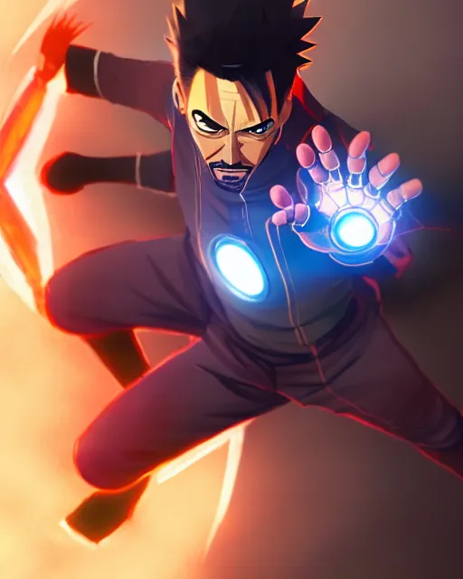 Image similar to tony stark in naruto fighting naruto, medium shot close up, details, sharp focus, illustration, by jordan grimmer and greg rutkowski, trending artstation, pixiv, digital art