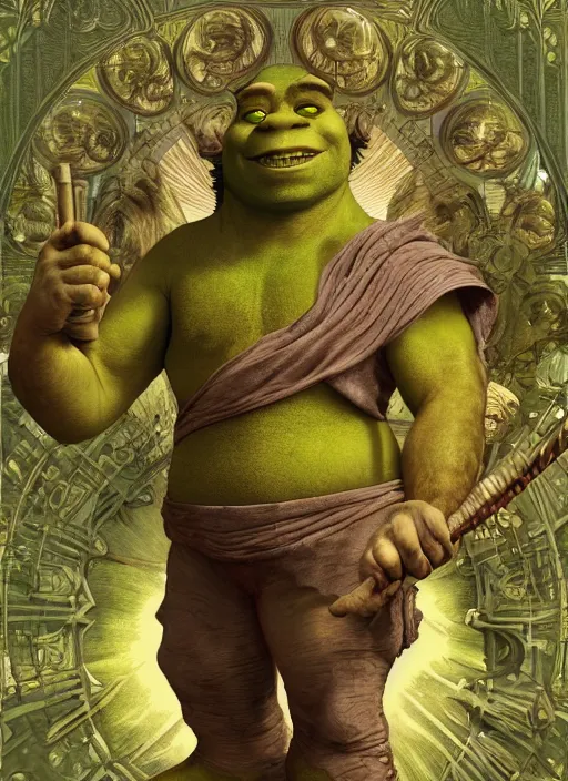 Image similar to Shrek as God of Swamp, brutal, epic, intricate, elegant, highly detailed, digital painting, 4k, HDR, concept art, smooth, sharp focus, illustration, art by alphonse mucha,artgerm, H R Giger